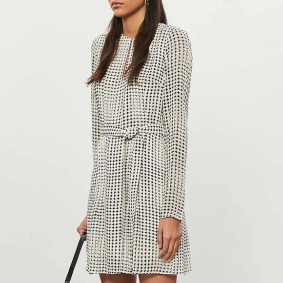 REISS Elissa White Black Spot Monochrome Long Sleeve Mini Fit Flare Tie Dress - Picture 17 of 17